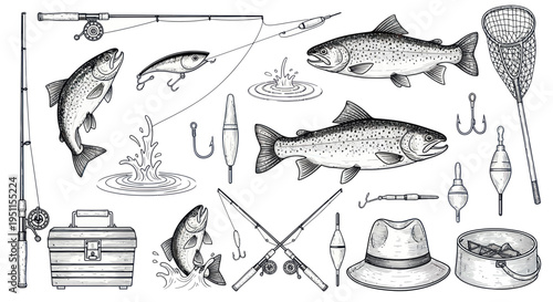 Fishing Gear and Salmon Illustration: Rods, Lures, Net, Tackle Box, Hat
