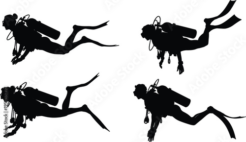 Four scuba divers in different swimming positions silhouettes black white background