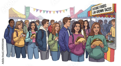 People waiting in line for food at outdoor festival or fair