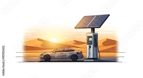 Electric car charging at solar station in desert landscape