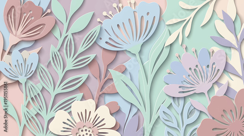 Delicate Papercut Floral Illustration with Soft Pastel Colors and Layered Petals