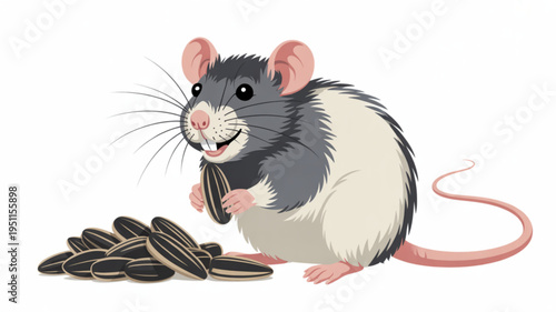 Cute pet rat eating sunflower seeds cartoon illustration for animal care pet food or wildlife concepts isolated on white background