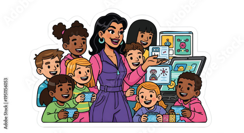 happy diverse kids and teacher in classroom with laptop