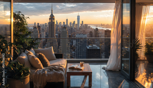 Luxury high-rise apartment balcony with a wide, comfortable outdoor terrace. A deep cushioned sofa is the focal point, styled with plush oversized seating, soft textured throws, and pillows. 