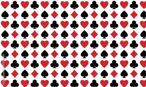 トランプ、カラーのタイルパターン背景。赤と黒のスートが並ぶシームレスな総柄。