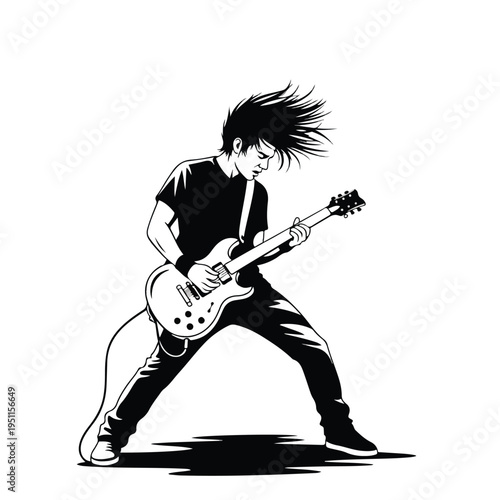 A black and white illustration of a young man playing an electric guitar as a guitar hero with dynamic hair and a bold stance