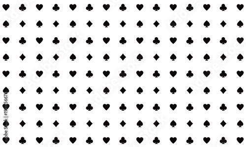 トランプ、モノクロのタイルパターン背景。スペード・ハート・ダイヤ・クラブの継ぎ目なし総柄。
