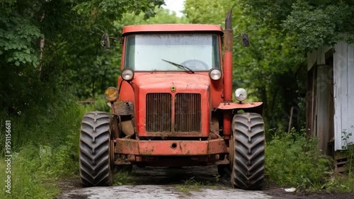 Front-view of a weathered, red tractor on a dirt road, framed by foliage. Features large tires