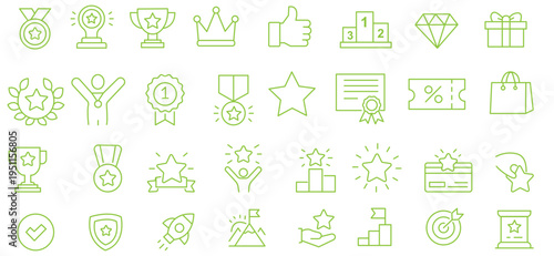 Exclusive Benefit, Special Offer, Best Award, High Rank Premium Icons Pack. Such Line Signs as Champion Cup, Stars, Medal. Vector Icons Set for Web and App in Outline Style Editable Stroke