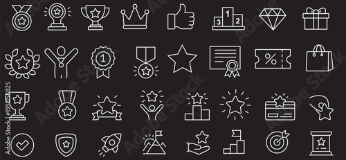 Reward set of web icons in line style. A collection of linear icons representing various reward concepts, including gift, trophy, recognition, reward program, medal, bonus, and more. Editable stroke. 