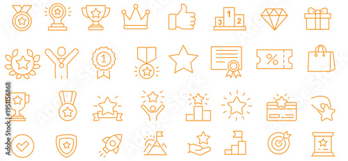 Exclusive Benefit, Special Offer, Best Award, High Rank Premium Icons Pack. Such Line Signs as Champion Cup, Stars, Medal. Vector Icons Set for Web and App in Outline Style Editable Stroke