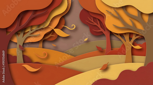 Intricate paper art illustration of a serene autumn forest landscape with layered trees, undulating hills, and scattered falling leaves in warm, earthy fall colors