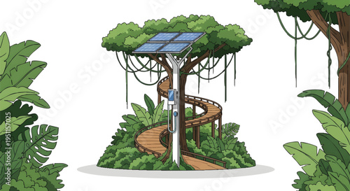 solar powered treehouse in jungle with winding walkway and lush greenery