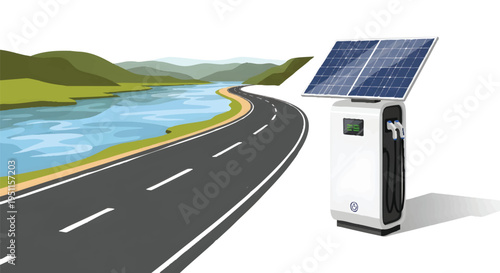 Solar powered charging station by the roadside near water