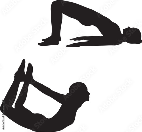 Professional yoga poses silhouette collection featuring mountain tree warrior downward dog bridge and bow positions for wellness center health fitness exercise flexibility training guide mental health