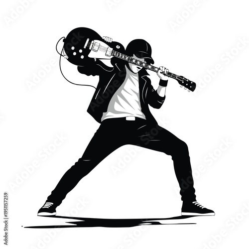 A monochromatic illustration of a dynamic guitar hero in a powerful stance, playing an electric guitar with a white background