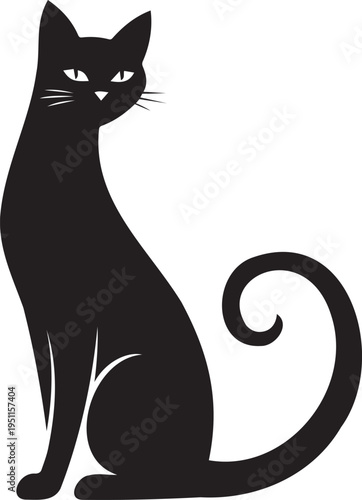 Sleek black cat silhouette sitting in elegant side profile with curled tail and sharp eyes isolated on white background for pet shop logo animal welfare veterinary clinic graphic design