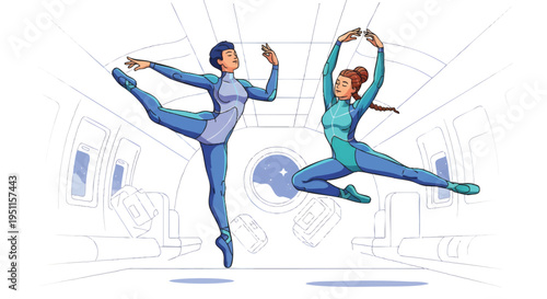 Two cartoon women dancing in space station or futuristic room