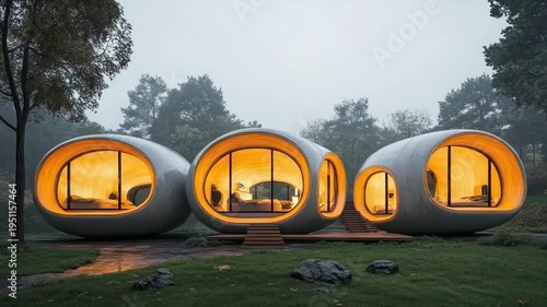 Futuristic, pod-like dwellings with warm interior light in a foggy forest