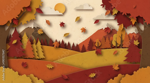 Autumn landscape with falling leaves in a papercut style, vibrant orange and yellow hues, serene natural scenery