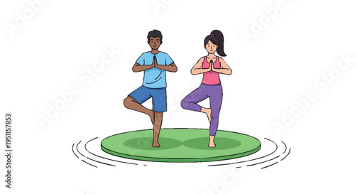 Couple practicing yoga on water, balance and harmony