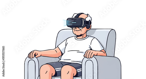 Man wearing VR headset sitting on armchair relaxing