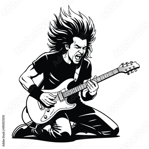 A dynamic black and white illustration of a guitar hero playing an electric guitar with a wild hairstyle and energetic pose