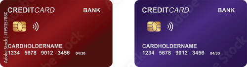 Set of realistic credit cards in red and purple with chip and NFC contactless payment icons for financial services