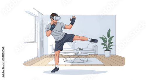 man wearing VR headset exercising at home with boxing gloves