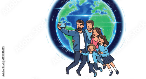 happy family taking selfie with globe background