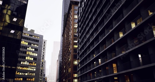 evening corporate silhouette created by lit windows and dark facades, narrow street draws eye to distant tower, moody glow suggests afterhours strategy