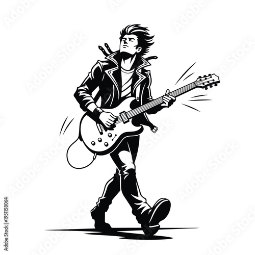 A dynamic black and white illustration of a guitar hero playing an electric guitar with motion lines, conveying a lively and energetic mood on a clean white background