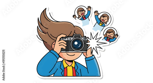 cartoon woman taking photo with camera and thought bubbles