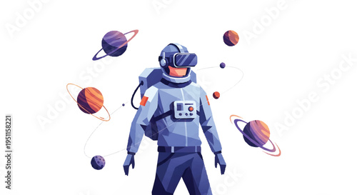 Astronaut in Space Suit Surrounded by Planets and Celestial Bodies