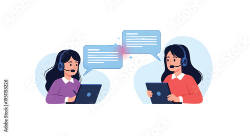 Two women communicating with laptops and speech bubbles