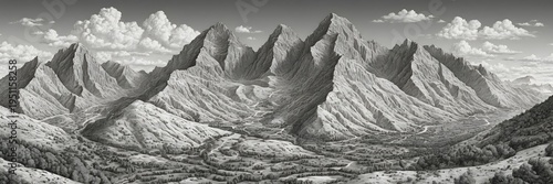 Black and White Mountain Landscape with Rugged Peaks and Dramatic Sky