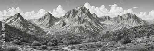 Black and White Mountain Landscape with Rugged Peaks and Cloudy Sky