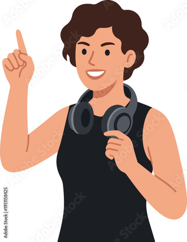 Flat vector illustration of a smiling young woman with curly hair wearing headphones around her neck pointing up for music podcast audio learning or technology concept on white background
