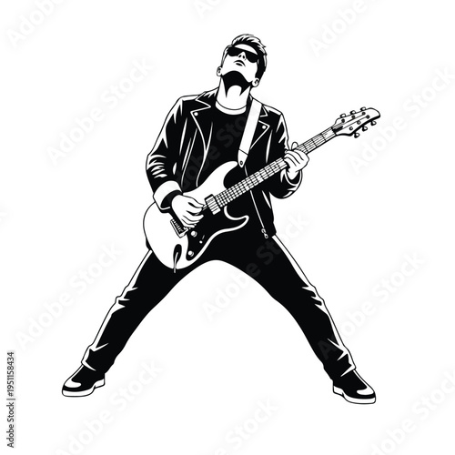 A black and white illustration of a guitar hero playing an electric guitar with dynamic pose and facial expression on a clean white background