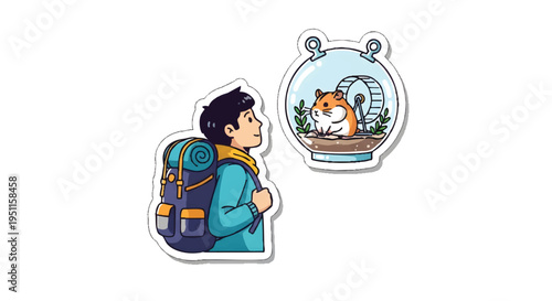 person with backpack looking at hamster in globe