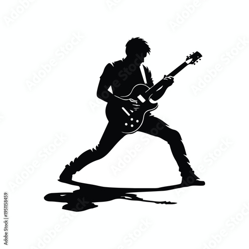 Silhouette of a dynamic guitar hero playing an electric guitar with a powerful stance on a white background