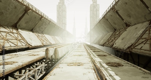 bright approach to distant skyline with construction scaffolding and heavy beams, surveyor mood with planned geometry, safety gear implication and sunlit grit