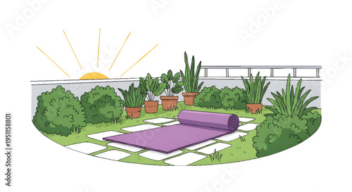 yoga mat on garden patio at sunrise