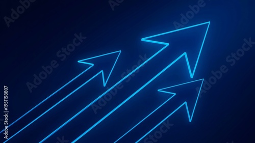 Vibrant blue neon arrows ascend dynamically on a dark background, depicting consistent progress, financial upturn, and strategic business development towards future goals