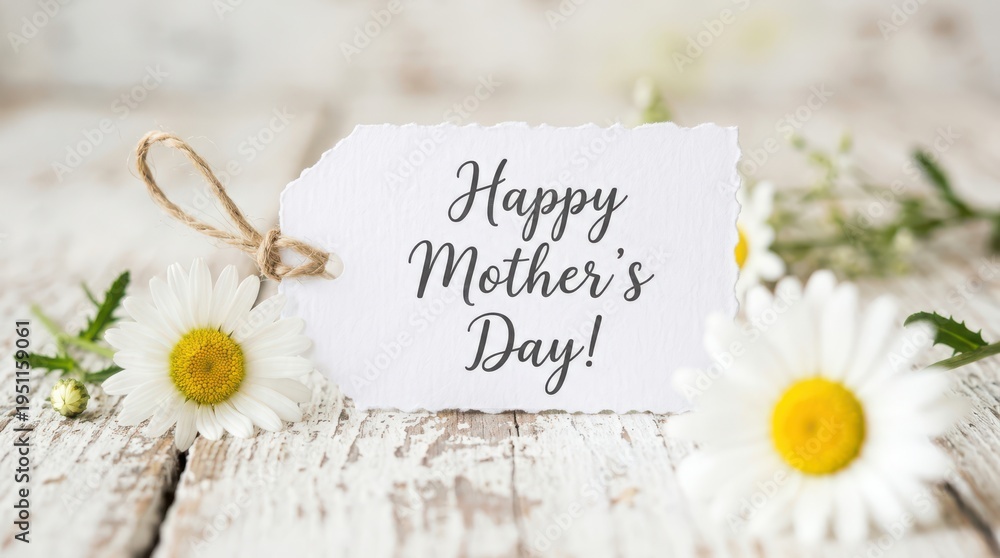 Obraz premium Happy Mother's Day tag with daisies and wooden background
