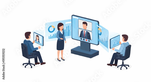 Business team meeting with virtual screen display