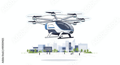 Electric drone flying over modern cityscape with skyscrapers