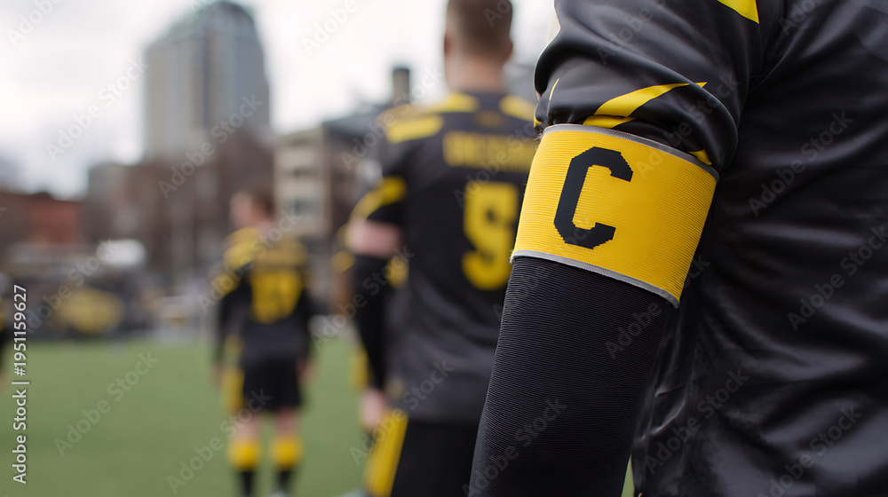 Fototapeta premium Athlete with Captain Armband, Team Leader on Field, Sports Competition, Focus on Leadership, Unity, and Strategic Play in Outdoor Game