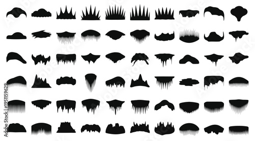 Collection of various black eyebrow and eyelash silhouettes isolated on white background for makeup and design use