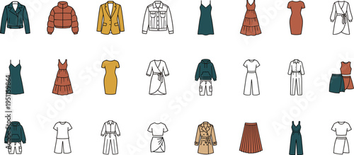 Professional Women's Fashion Capsule Wardrobe Icon Set Featuring Color Palette Outfits Including Leather Jackets Puffer Coats Maxi Dresses Blazers and Modern Streetwear